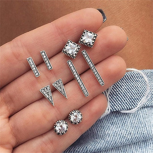 4Pairs /Set Boho Arrow Cross Moon Flower Gem Silver Earrings Set Women Punk Stud Earrings Set Personality Party Clothing Jewelry