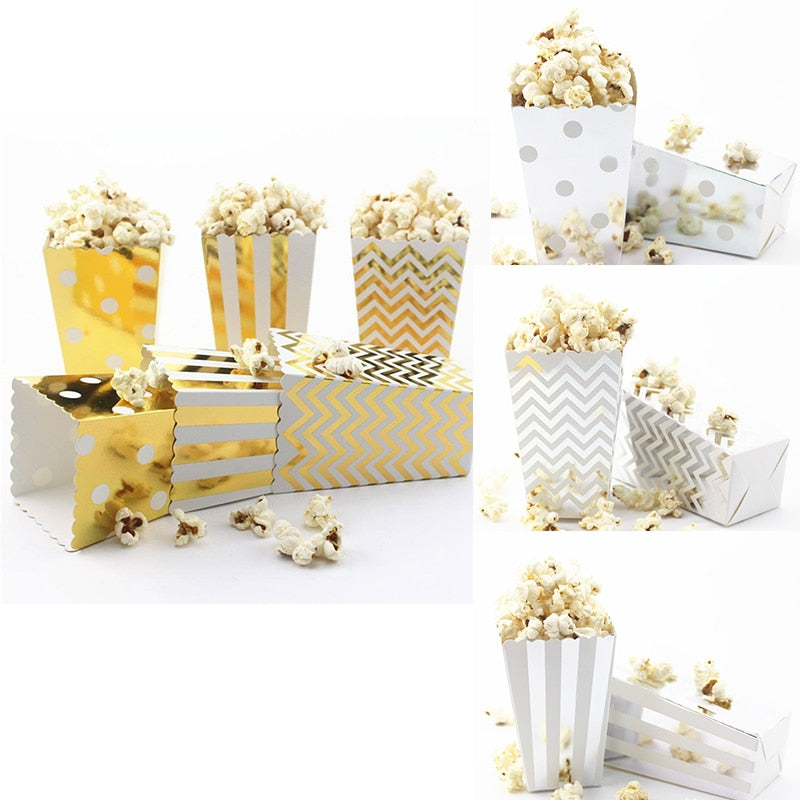 6PCS Party Popcorn Boxes Gold Silver Pop Corn Candy/Sanck Rose Gold Paper Popcorn Boxes Wedding Birthday Movie Party Tableware